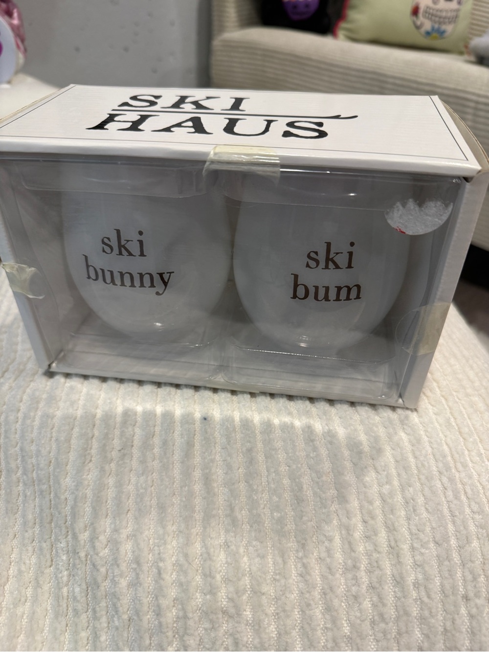 Santa Barbara Design Studio Ski Bunny Ski Bum Stemless Wine Glass Set NWT - Picture 3 of 7